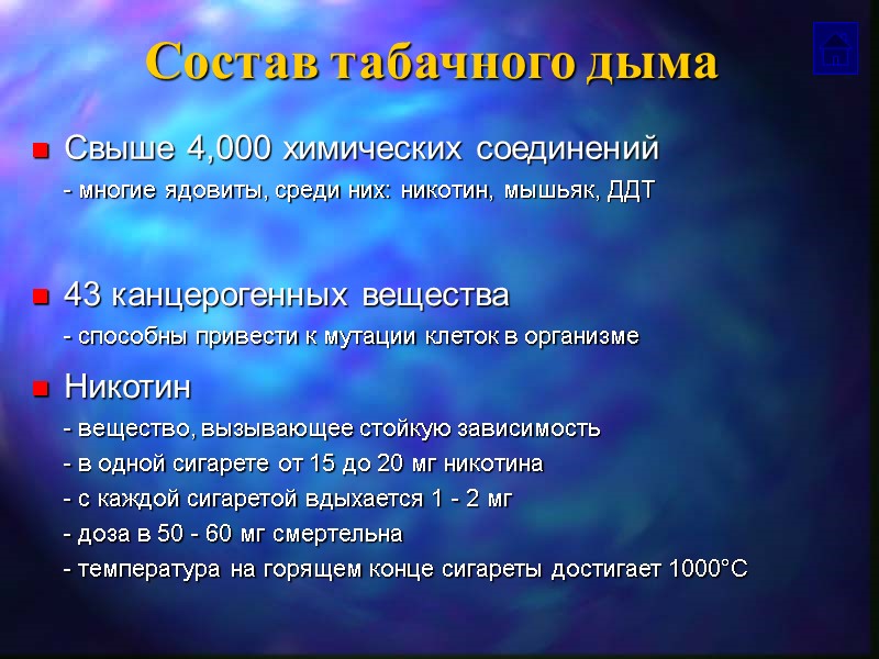 Состав табачного дыма Свыше 4,000 химических соединений - многие ядовиты, среди них: никотин, мышьяк,